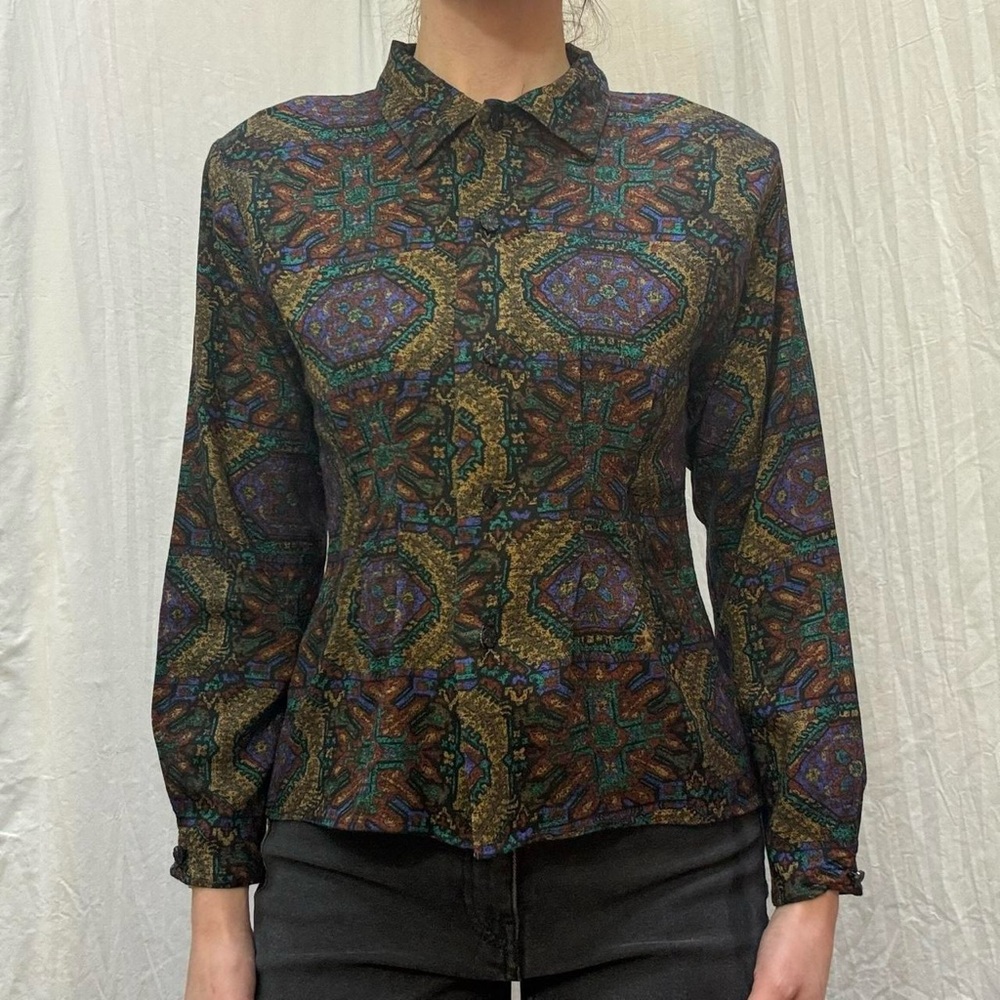 Multicolored Vintage 90s Geometric Blouse Purple, green,‎ blue, yellow, brown